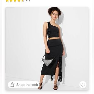 Black rosette one shoulder top and ruffle midi skirt SET